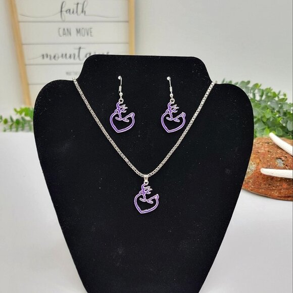 3/$20 Womens Necklace Drop Earrings Set Silver Plated Deer Pendant Purple Farm - Picture 2 of 10